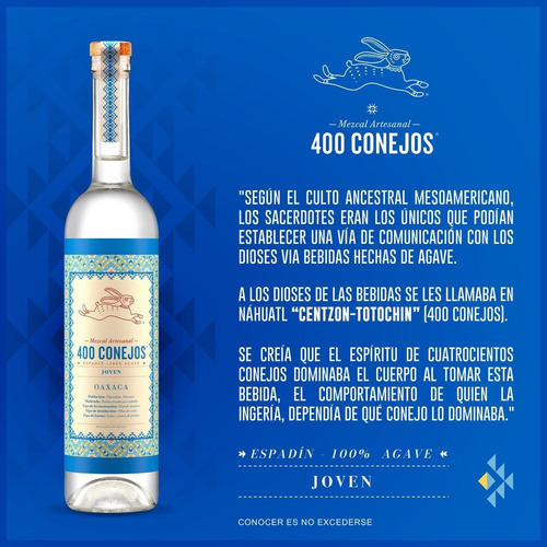 Mezcal 400 Conejos Joven Espadín Tobala 750 Ml