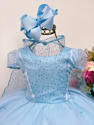 VESTIDO INFANTIL FROZEN AZUL PRINCESAS COM CAPA LUXO