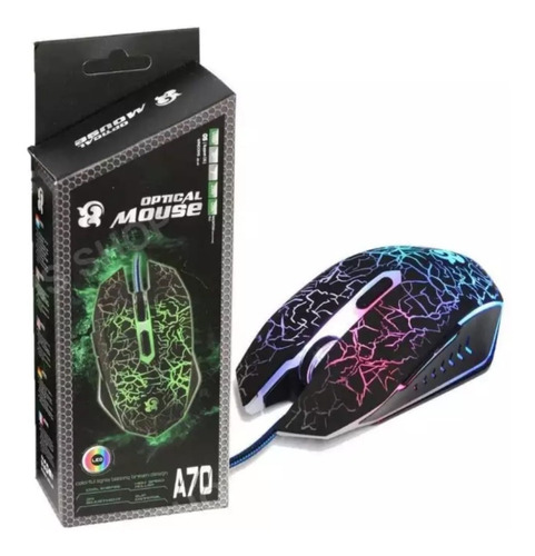 Mouse Gamer Semi-mecánico A70 Led Rgb Cable Nylon Uso Rudo Color Negro