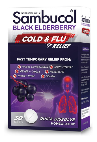 Tabletas Sambucol Para Aliviar El Resfriado Y La Gripe, 30 U