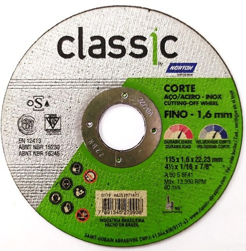 Disco Corte 4.1/2 Aço Inox Classic  Kit 25 Peças Norton