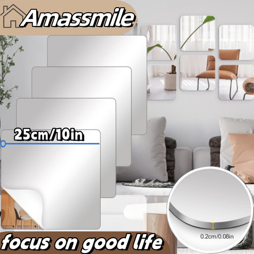 AmasSmile Paquete 6 espejos pared longitud completa, Hogar Decorativos Inastillable espejo acrílicos 25cm, láminas de espejo plástico flexible inastillables para dormitorio, hogar, puerta de gimnasio