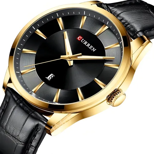 Reloj casual de lujo para hombre, correa de piel social, color negro, bisel, color como imagen, color de fondo como imagen
