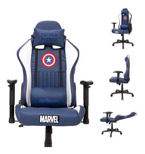 Cadeira Gamer Ergonômica Giratória Reclinável 180 Graus Couro Sintético Braço 3d Marvel Capitão América Cadeiras Inc
