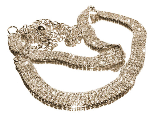 Cinto Cadena Tresher Metálico Fiesta Cinco Líneas De Strass Dorado Liso Con Strass Único