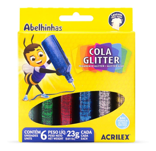 Cola Colorida Glitter Acrilex Com 6 Unidades De 23g