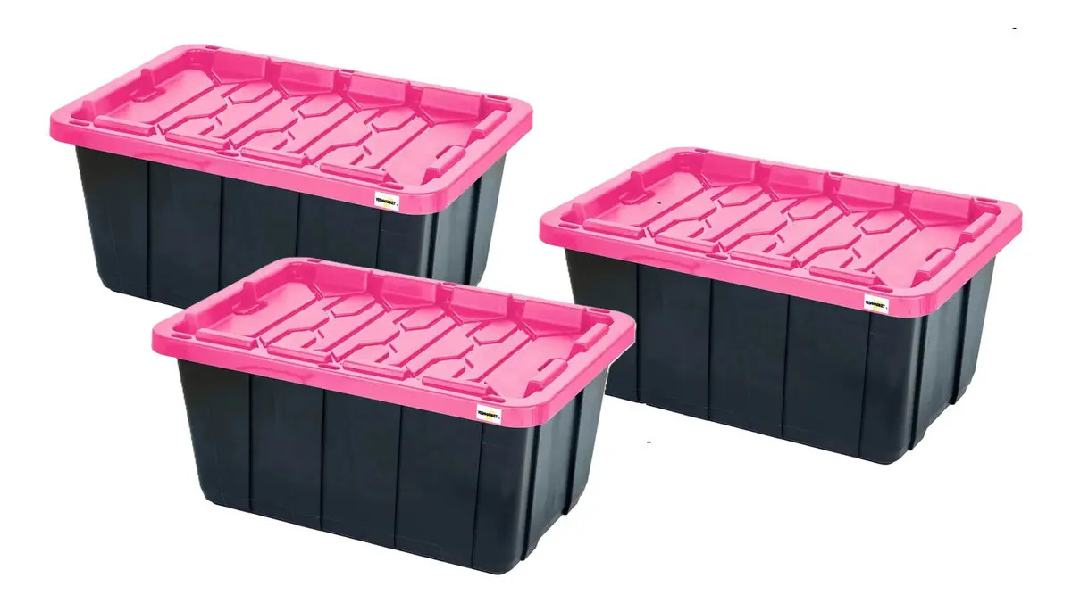 Caja Plástica Uso Rudo 78x52x37 Profesional 102 L Paquete 3 Unidades Yesh Market Modelo 154569 Tapa Color Rosa