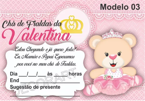 Convite Chá Bebê/ Fraldas - Modelo Valentina - Cha de Bebê/ Fraldas