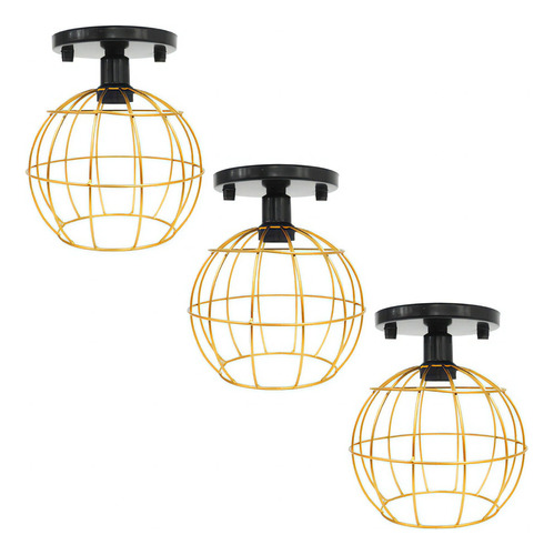 3 Lustres Plafon Industrial Aramado Globo Sobrepor Retrô Cor Preto/Dourado