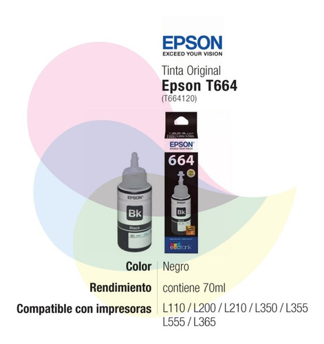 Imagen 2 de 5 de Tinta Epson T664 Negro Or. T664120 L475 L495 L220 L395 L365