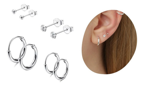 Kit Com 4 Pares De Brincos Cartilagem Piercing Prata 925