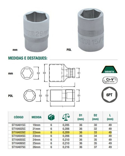 Soquete Sextavado 22mm X 3/4'' St16403sc Crv Sata - 01 Peça