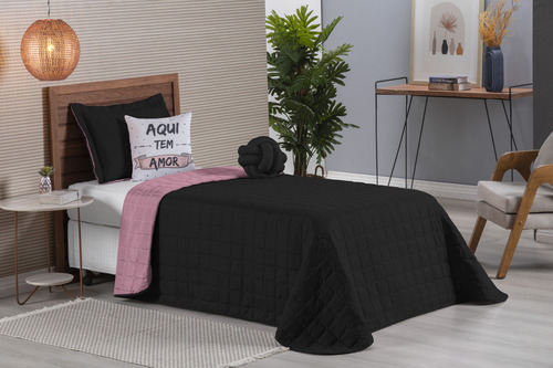 Colcha Cobre Leito Solteiro Preto-rose Dupla Face Paris 5 Peças Cama Box Conjunto Completo Design Elegante Alta Qualidade Casa Laura Enxovais