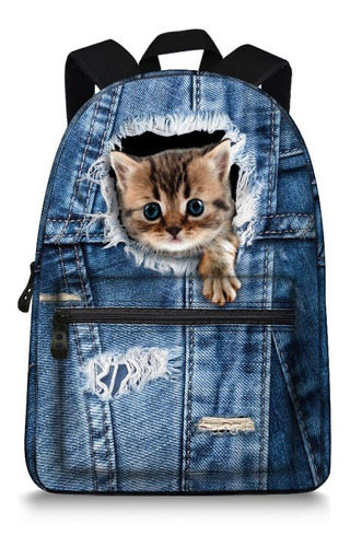 15.5 Pulgada Cute Denim Cat Backpack Canvas Casual Laptop Sc