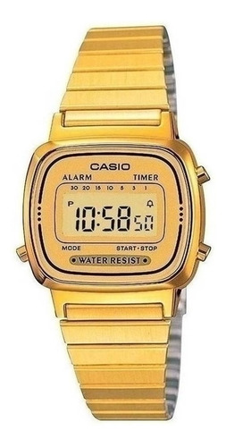 Imagen 1 de 1 de Reloj de pulsera Casio Youth LA670 de cuerpo color dorado, digital, para mujer, fondo dorado, con correa de acero inoxidable color dorado, dial negro, minutero/segundero negro, bisel color dorado y hebilla de gancho