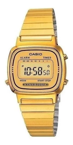 Reloj pulsera Casio Youth LA670WA-1 de cuerpo color dorado, digital, para  mujer, fondo dorado, con correa de acero inoxidable color dorado, dial  negro, minutero/segundero negro, bisel color dorado y hebilla de gancho