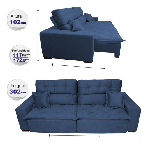Sofá 3,02m Retrátil E Reclinável Cama Inbox Confort Azul