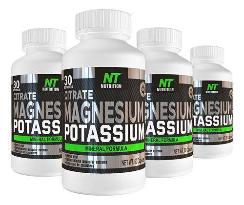 4 Frascos Citrato Magnesio Y Potasio 60caps C/u Nt Nutrition Sabor Sin sabor