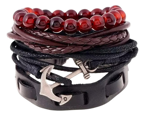 Pulsera Caballero Ancla Cuerda Cuero Cuentas 4 En 1 Full