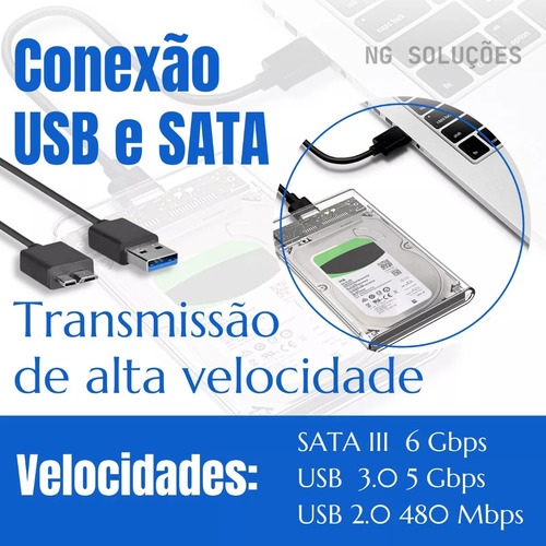 Case Hd Externo Gaveta Para Hd Ssd Sata 2,5 Usb 3.0 Transparente Adaptador Notebook Computador Pc Portátil Para Windows - Ng Soluções
