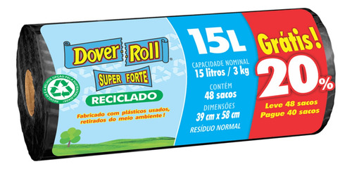 Saco De Lixo Super Forte Reciclado 15l 40un + 20% Dover Roll