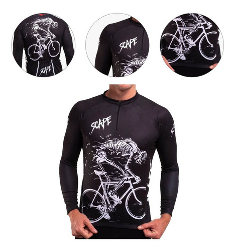 Camisa Manga Longa Scape Esqueleto Preta E Branca Bike