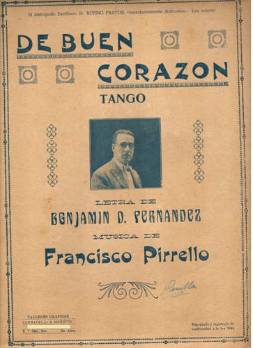 Partitura Original Del Tango De Buen Corazón De F. Pirrello