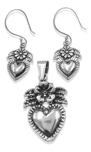 Juego Aretes Dije Corazón Sagrado Mexicano Plata .925