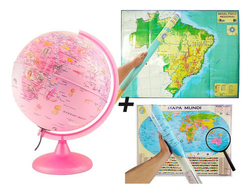 Kit Globo Pinkzoo Led Figuras Animais Mapa Brasil Físico