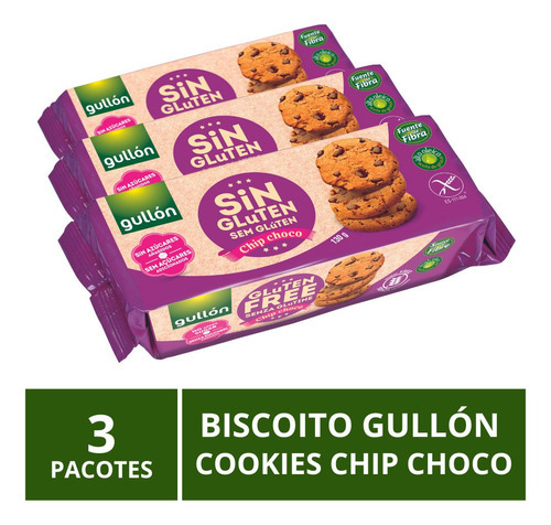 Biscoito Gullón Sem Glúten Cookie Chip Choco 3 Pacotes 130g