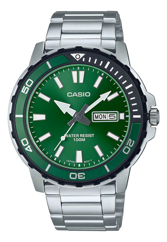 Reloj Casio Standard MTD-125D-3Avdf para hombre, correa plateada, bisel verde, fondo verde