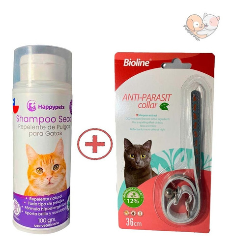 Repelente De Pulgas Para Gatos Shampoo Seco + Collar - Pack