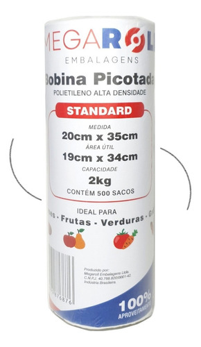 Bobina Picotada 20x35 Saco Plástico Rolo C/500 C/ Fundo Reto