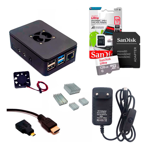 Case Cooler, Fonte Botão On/off + 128gb P/ Raspberry Pi4 Nfe