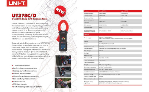 Uni-t Pinza Amperométrica Resistencia Tierra Fuga 60a Ut278d