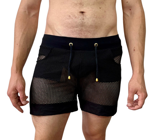 Shorts Masculino Transparente Preto Arrastão Com Barra