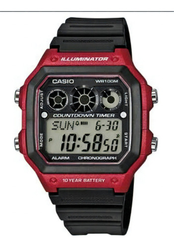 Reloj pulsera digital Casio AE-1300 con correa de resina color negro - bisel rojo/negro