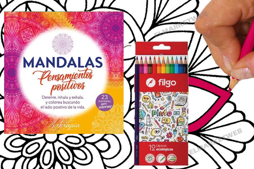 Set Libro Mandalas Pensamientos Positivos + Lápices Colores 