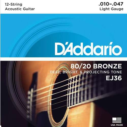 Jogo De Cordas Violão 12 Cordas Daddario Bronze Ej36 010