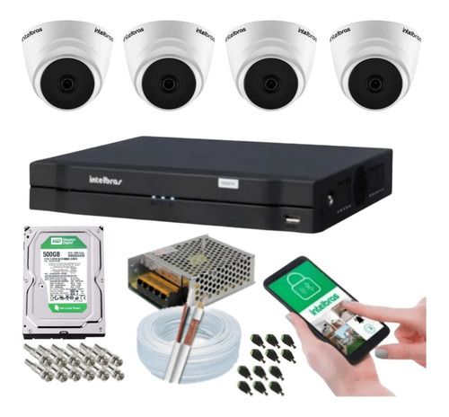 Imagem 1 de 7 de Kit 4 Câmeras Intelbras Dome 1120d Dvr 4 Canais Com Hd
