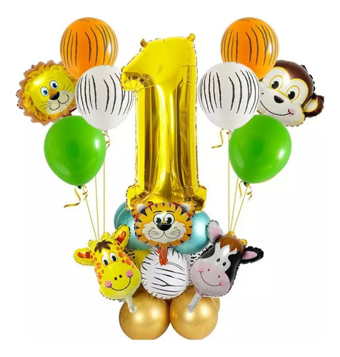 Kit Deco Feliz Cumple Animales Safari+numero 1 De 80cm+latex