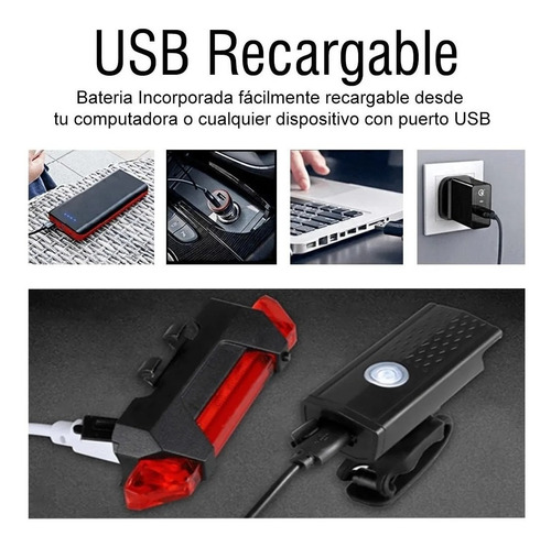 Imagen 4 de 10 de Set Luces Bicicleta Delantera Trasera Recargable Impermeable