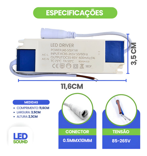 Kit 3 Driver Reator Led 40-50w Plafon Embutir 600ma Bivolt