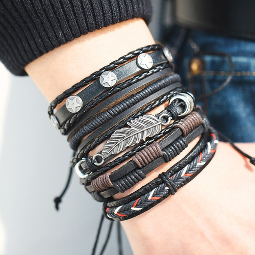 Set 5 Pulsera Manilla Brazalete De Cuero Pluma Hombre Mujer
