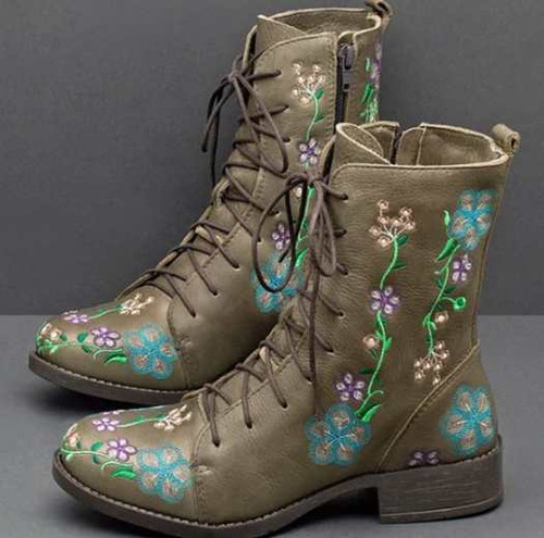 Bota Vaquera Mujer De Flores Rosas De Cuero De Estilo Étnico