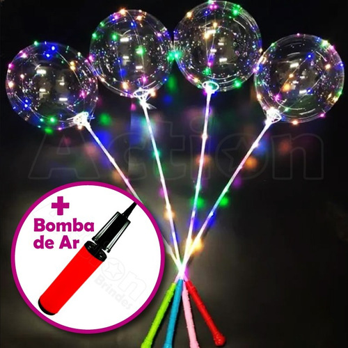 Imagem 2 de 8 de Balão De Led Transparente C/ Vareta Kit 6 Un + Bomba De Ar