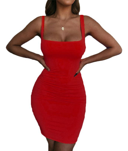 (r-m) Minivestido Bodycon Sin Mangas Con Cuello Cuadrado Neo