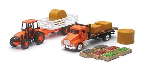 Newray Kubota Farm Playset Con M5 Tractor Truck Trailer Bale