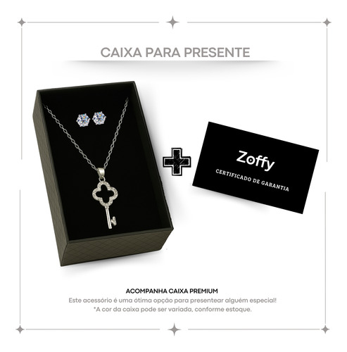 Colar Feminino Pingente Chave Trevo E Brinco Cordão Aço Inox Cor Prateado Caixinha Para Presente Gargantilha 45cm