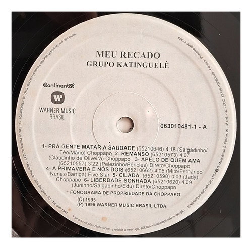 Lp Grupo Katinguelê - Meu Recado 1995 C/ Encarte Continental (Usado)